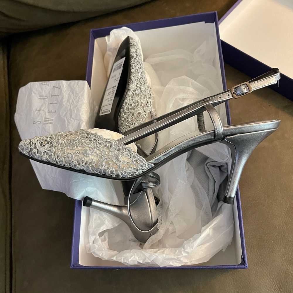 Stuart Weitzman silver embellished slingback heels!